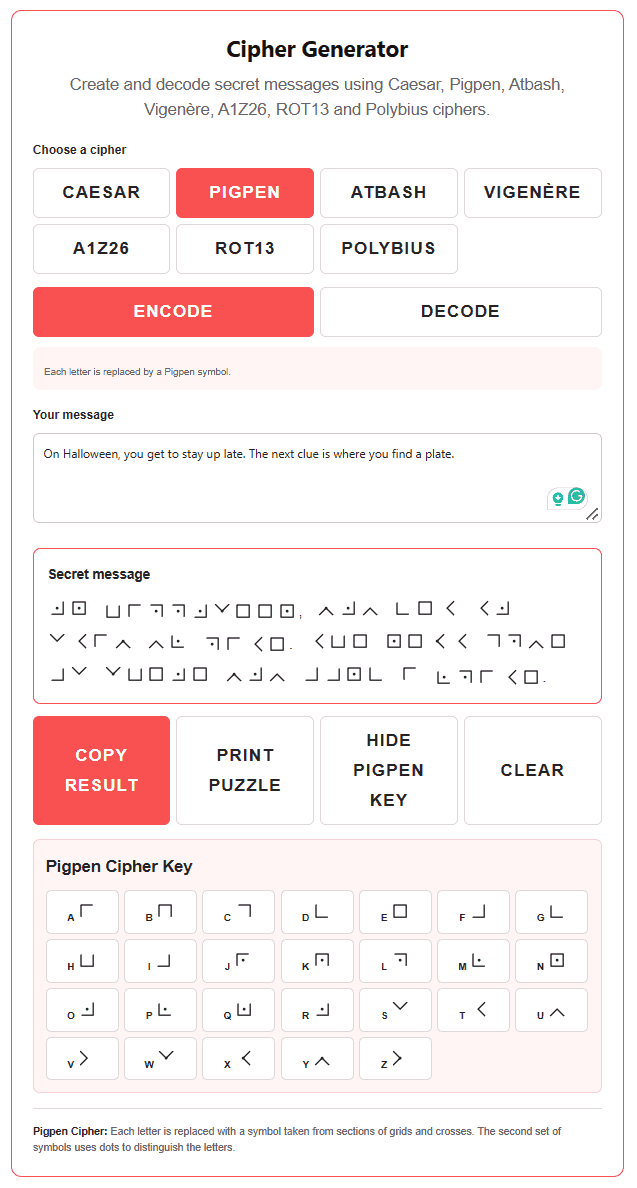 pigpen cipher generator for escape rooms