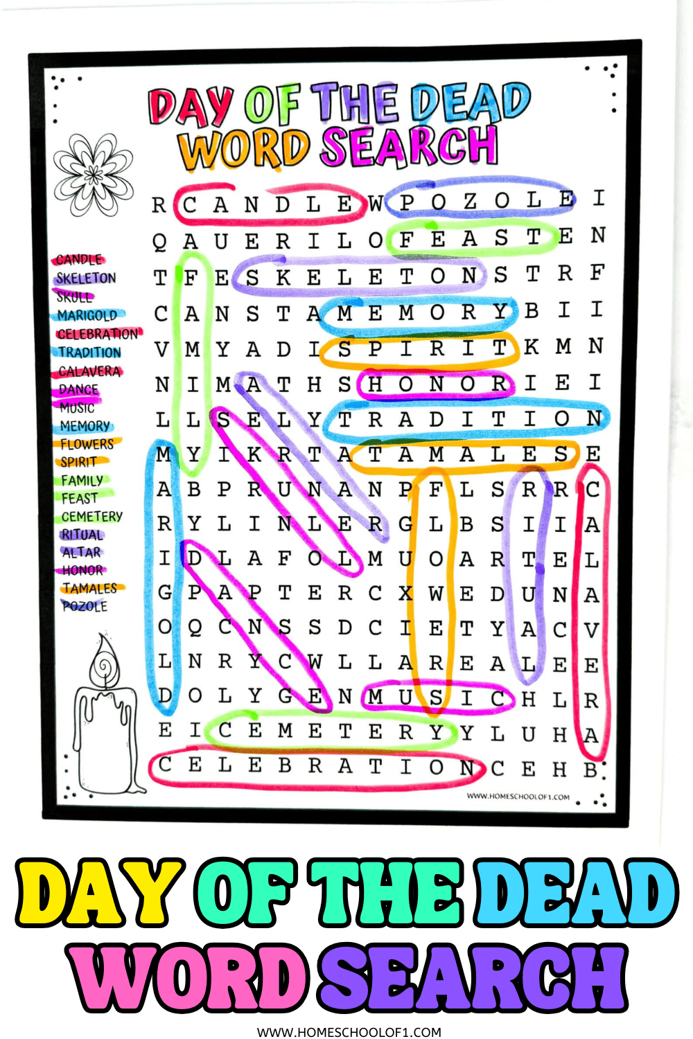 Free Day of the Dead word search printable for kids featuring colorful highlighted answers and themed vocabulary like skull, marigold, and altar.