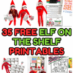 Vertical collage of 35 Elf on the Shelf activity sheets including elf games, word searches, and printable props.