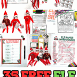 Collage of printable Elf on the Shelf activities including name generators, scavenger hunt clues, coloring pages, and Elf notes.
