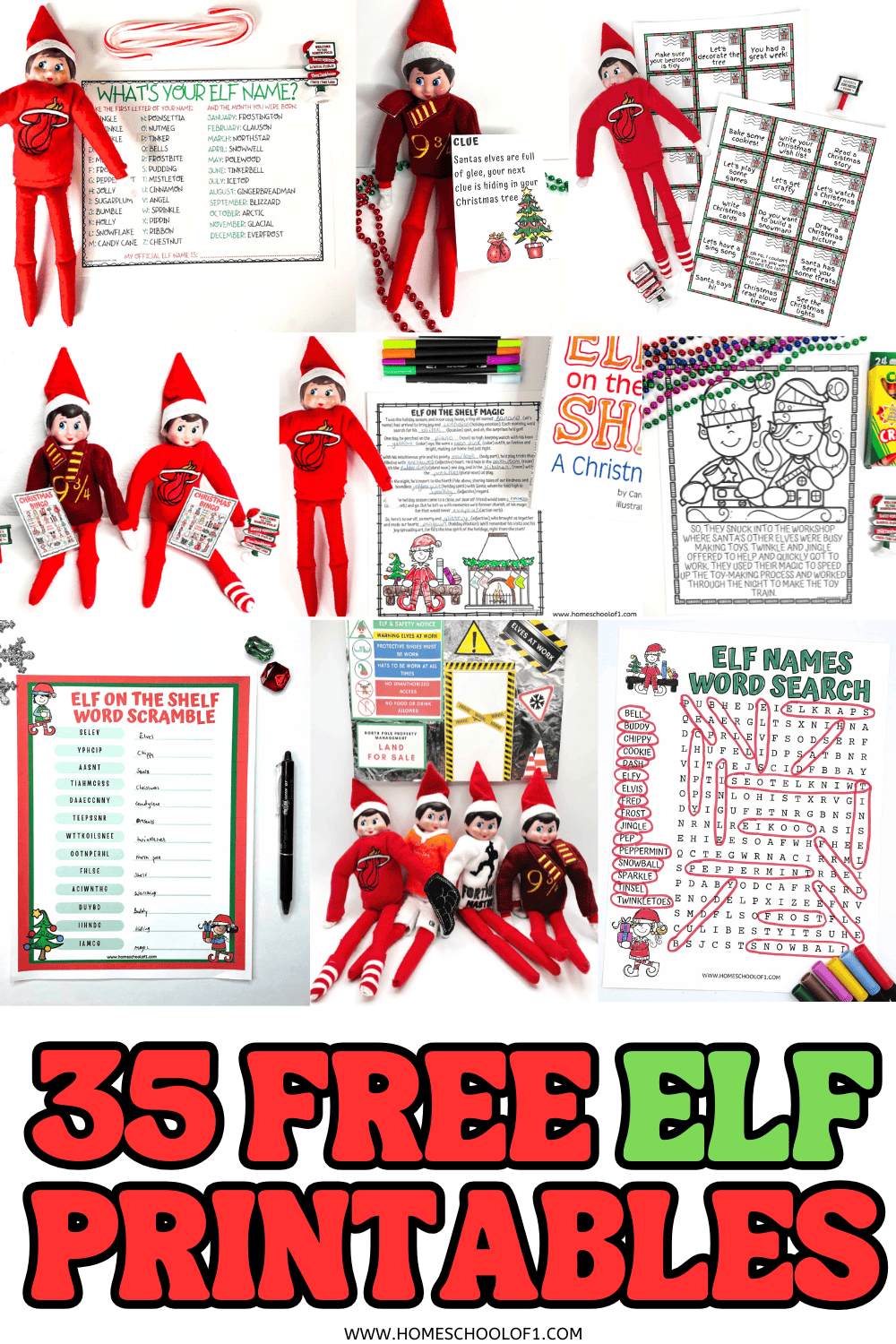 Collage of printable Elf on the Shelf activities including name generators, scavenger hunt clues, coloring pages, and Elf notes.

