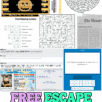 Free escape room puzzle generators showing rebus puzzles, ciphers, missing letter clues, fake tickets, newspapers, and printable escape room challenges