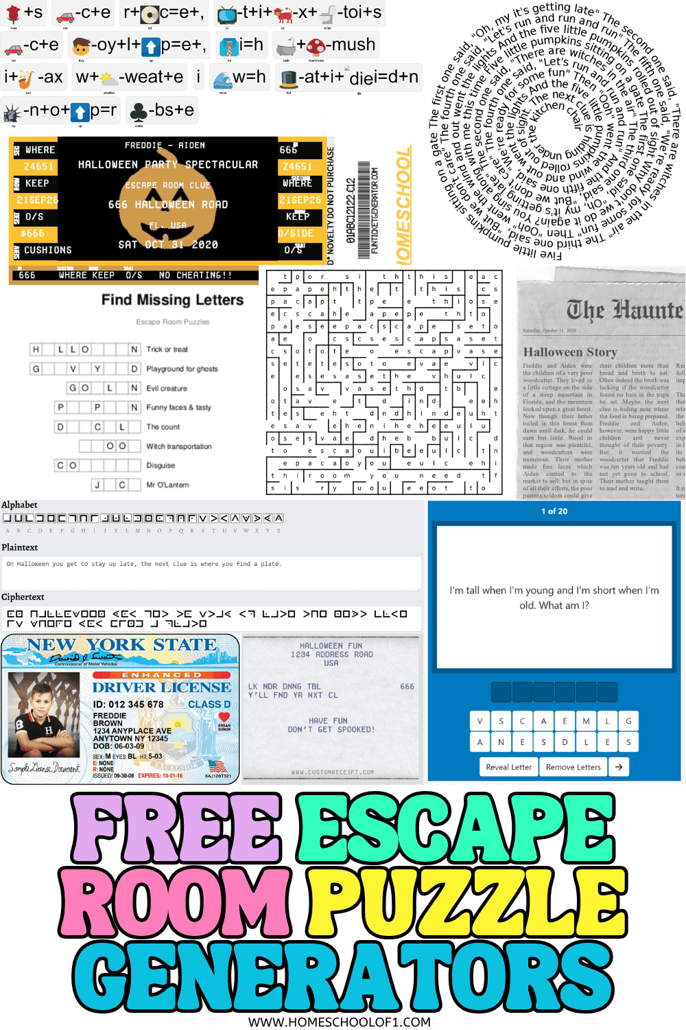 Free escape room puzzle generators showing rebus puzzles, ciphers, missing letter clues, fake tickets, newspapers, and printable escape room challenges