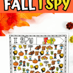 I Spy Fall printable with vibrant autumn images including acorns, pumpkins, leaves, and children, paired with a counting chart below.