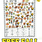 Free fall-themed I Spy activity worksheet with colorful autumn icons like pumpkins, corn, acorns, kids, and leaves to count and color.