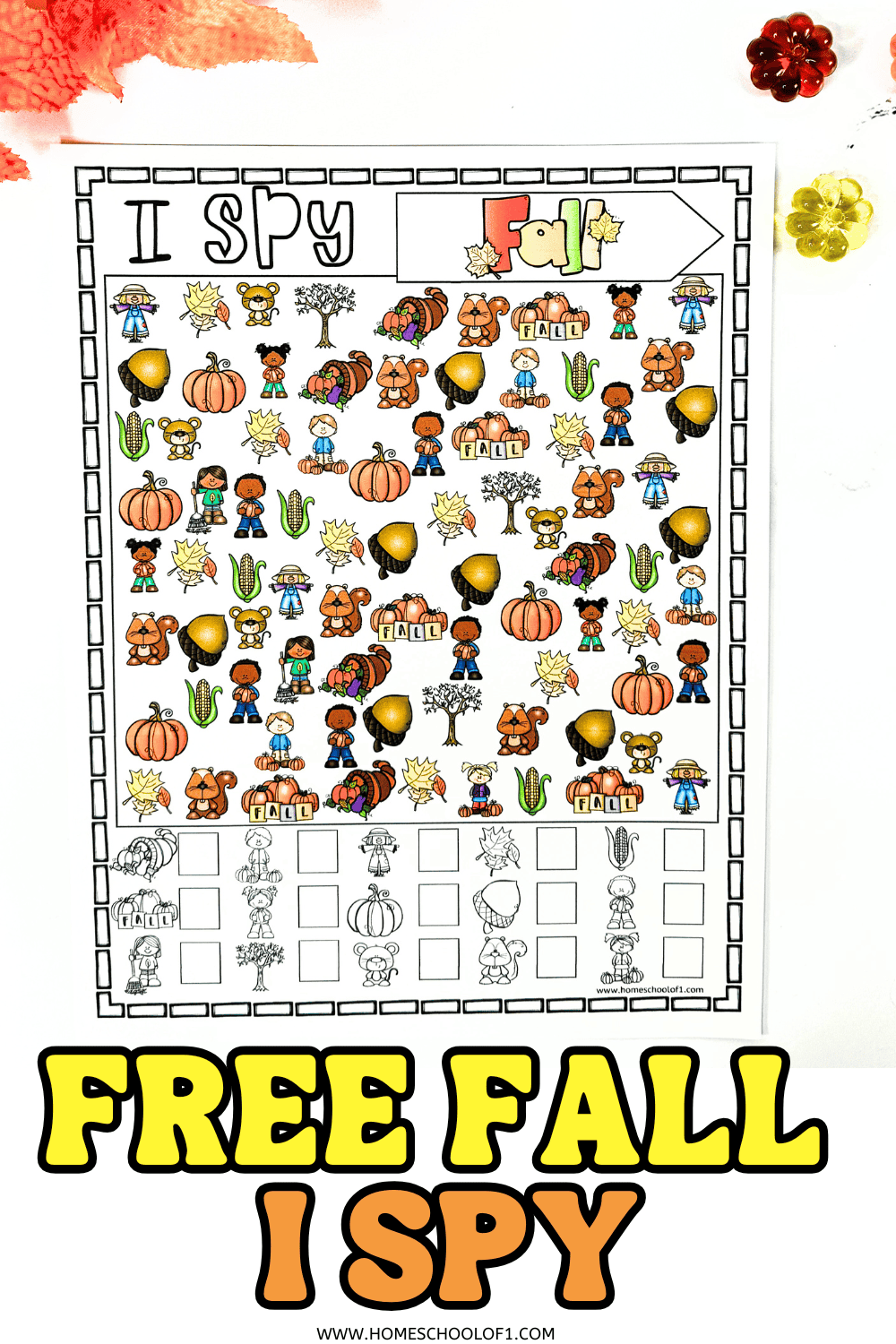 Free fall-themed I Spy activity worksheet with colorful autumn icons like pumpkins, corn, acorns, kids, and leaves to count and color.
