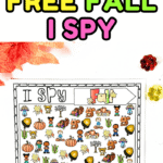 Set of three printable I Spy Fall worksheets with black-and-white and color versions featuring pumpkins, acorns, and autumn kids.