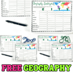 Free printable Geography Scattergories game with themed letter pages like LAKE and CITY, shown with pens and beads.