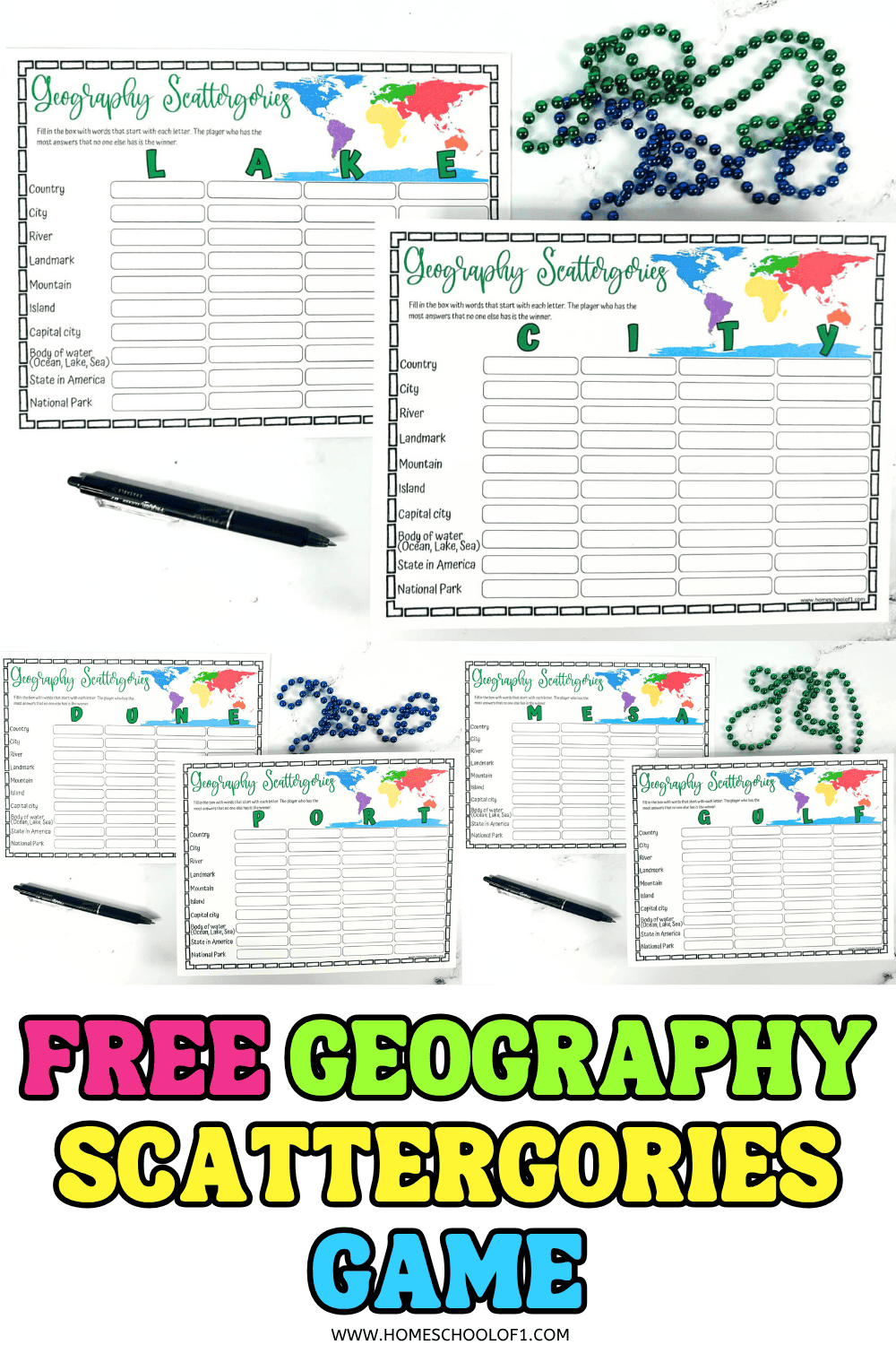 Free printable Geography Scattergories game with themed letter pages like LAKE and CITY, shown with pens and beads.