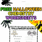 Free Halloween chemistry worksheet set with periodic table and themed science puzzle, surrounded by Halloween props.