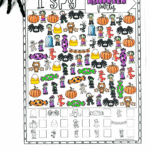 Colorful Halloween I Spy printable worksheet featuring pumpkins, zombies, candy corn, spiders, and other spooky icons with a free title banner.