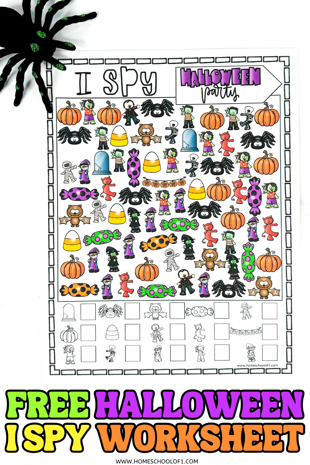 Colorful Halloween I Spy printable worksheet featuring pumpkins, zombies, candy corn, spiders, and other spooky icons with a free title banner.

