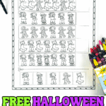 Black-and-white Halloween patterns worksheet with cut-and-paste characters like mummies, witches, and zombies.
