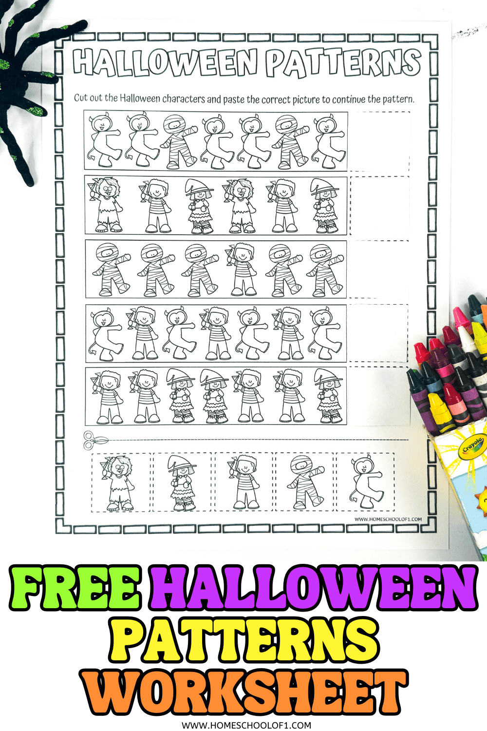 Black-and-white Halloween patterns worksheet with cut-and-paste characters like mummies, witches, and zombies.

