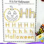 Printable Halloween handwriting worksheet featuring uppercase and lowercase letter H tracing with a pumpkin image to color.
