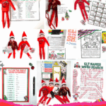 Elf on the Shelf worksheets and activities shown in a bright collage with elves, printables, and coloring pages.