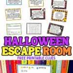 Free printable Halloween escape room clue cards displayed on a white background with colorful designs and Roald Dahl books.