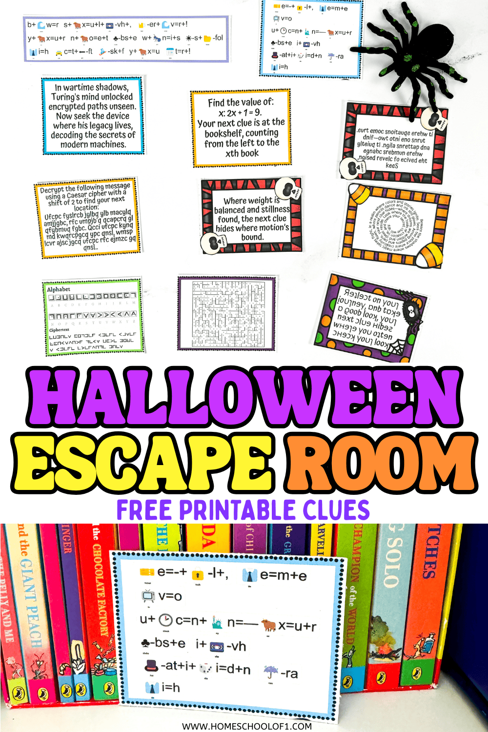 Free printable Halloween escape room clue cards displayed on a white background with colorful designs and Roald Dahl books.

