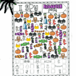 Halloween I Spy printable activity page with colorful themed objects like ghosts, candy, pumpkins, witches, and spiders under a purple “Free Printable” header.