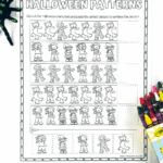Printable Halloween patterns worksheet featuring spooky characters and cut-and-paste sections for preschool.