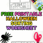 Completed Halloween sorting worksheet with colored images of costumes and candy sorted into labeled boxes.