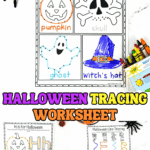 Halloween tracing worksheets featuring letter tracing, line tracing, and spooky image outlines like pumpkins, ghosts, and witch hats.