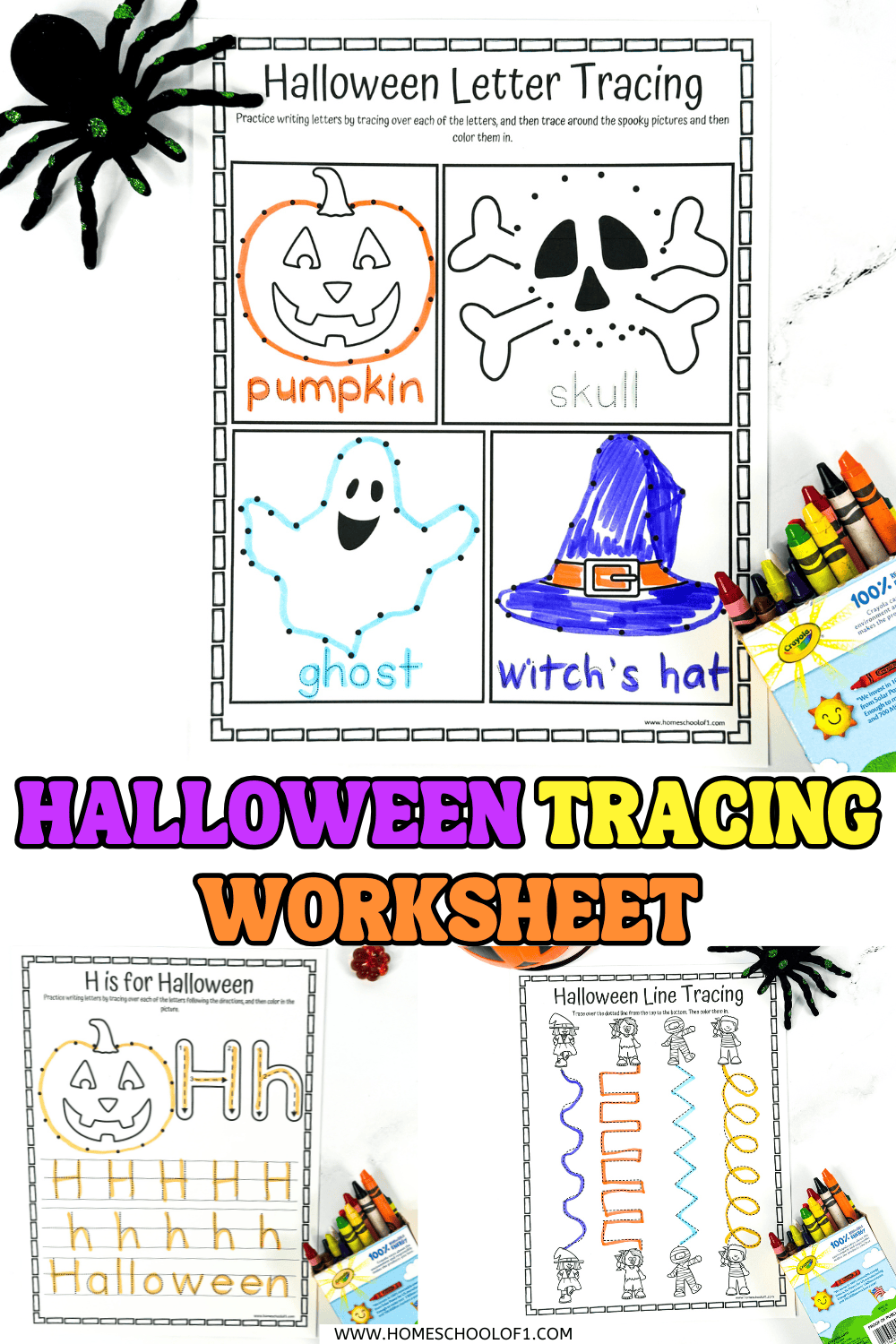Halloween tracing worksheets featuring letter tracing, line tracing, and spooky image outlines like pumpkins, ghosts, and witch hats.

