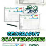 Printable Geography Scattergories sheets with global map headers and category prompts, featuring letters like DUNE and PORT.