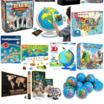 Collage of the best geography gifts for kids including educational globes, puzzles, map games, books, and hands-on geography toys.