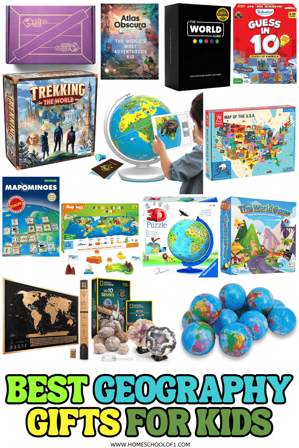 Collage of the best geography gifts for kids including educational globes, puzzles, map games, books, and hands-on geography toys.

