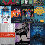 Collage of Halloween-themed books for 6th graders including The Night Gardener, The Halloween Tree, and Monstrous.