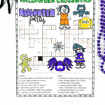Colorful Halloween crossword puzzle for kids featuring themed clues and cute illustrations of a mummy, bat, witch, and spider. The puzzle includes answers like cat, broom, ghost, and tomb, and is surrounded by Halloween decorations.