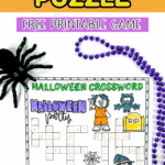 Halloween crossword printable worksheet with a bold orange title and fun graphics, including a spider, mummy, and trick-or-treat characters.