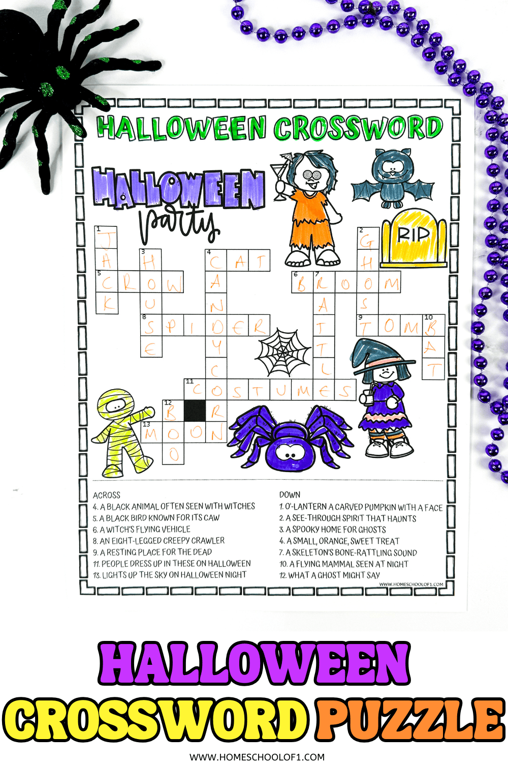Colorful Halloween crossword puzzle for kids featuring themed clues and cute illustrations of a mummy, bat, witch, and spider. The puzzle includes answers like cat, broom, ghost, and tomb, and is surrounded by Halloween decorations.

