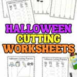 Halloween cutting worksheets for kids featuring printable scissor practice with straight, curved, and zigzag lines and spooky themed images.