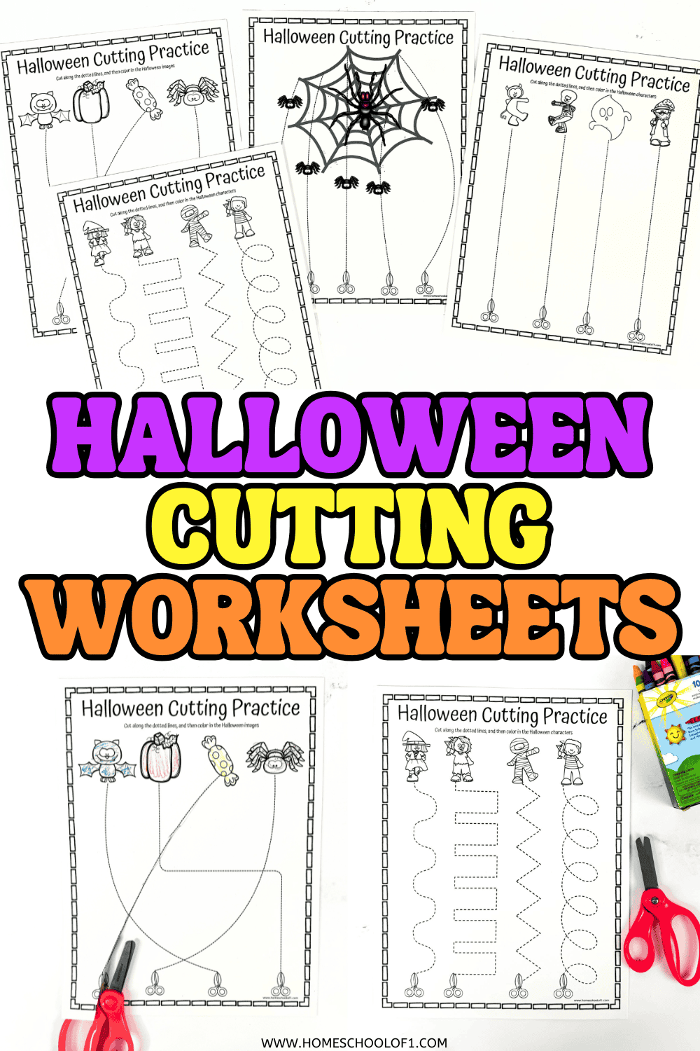 Halloween cutting worksheets for kids featuring printable scissor practice with straight, curved, and zigzag lines and spooky themed images.

