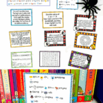 Colorful Halloween escape room puzzle cards with ciphers and rhyming riddles arranged with a plastic spider for decoration.