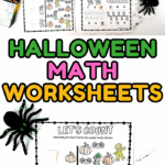 Collage of printable Halloween math worksheets with counting and pattern activities for early learners.