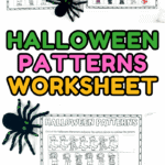 Side-by-side Halloween pattern worksheets in color and black-and-white, with crayons and spider props.