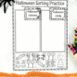 Free printable Halloween sorting activity with images of costumes and candy to cut, color, and sort into categories.