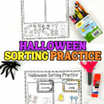 Halloween sorting worksheet with two columns labeled Halloween costume and Halloween candy, featuring cut-and-paste images.