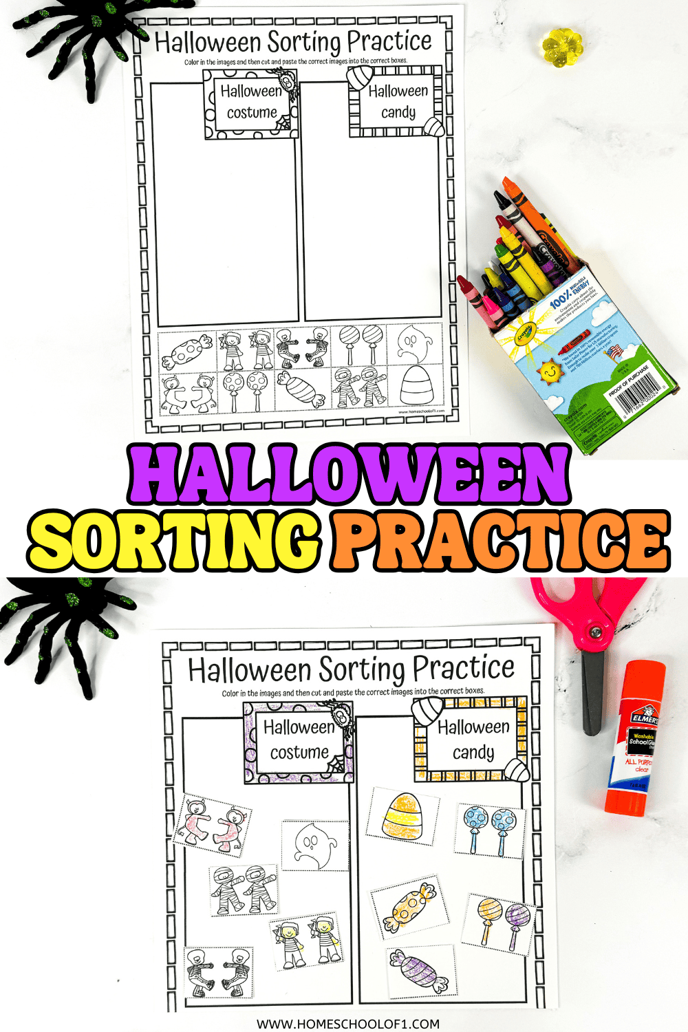 Halloween sorting worksheet with two columns labeled Halloween costume and Halloween candy, featuring cut-and-paste images.

