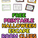 Printable Halloween escape room clues for teens and tweens, featuring ciphers, riddles, and logic puzzles on colorful cards.