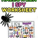 Set of three Halloween I Spy worksheets in color and black and white, with spooky images like pumpkins, monsters, and candy for preschool counting fun.