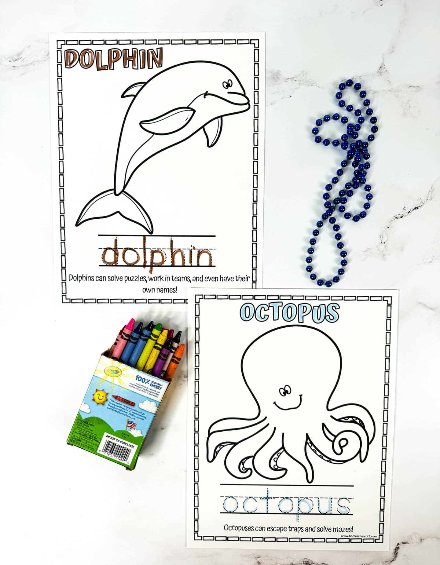 Animal learning worksheet showing a dolphin and an octopus, each with a fact about how they solve puzzles and escape traps, with crayons nearby.