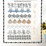 Halloween worksheet for kids showing spooky characters in rows with numbers written beside them for counting practice.