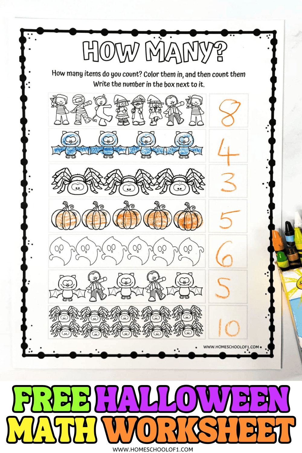 Halloween worksheet for kids showing spooky characters in rows with numbers written beside them for counting practice.


