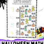 Colorful Halloween-themed counting worksheet with pumpkins, spiders, and monsters used to practice writing numbers.