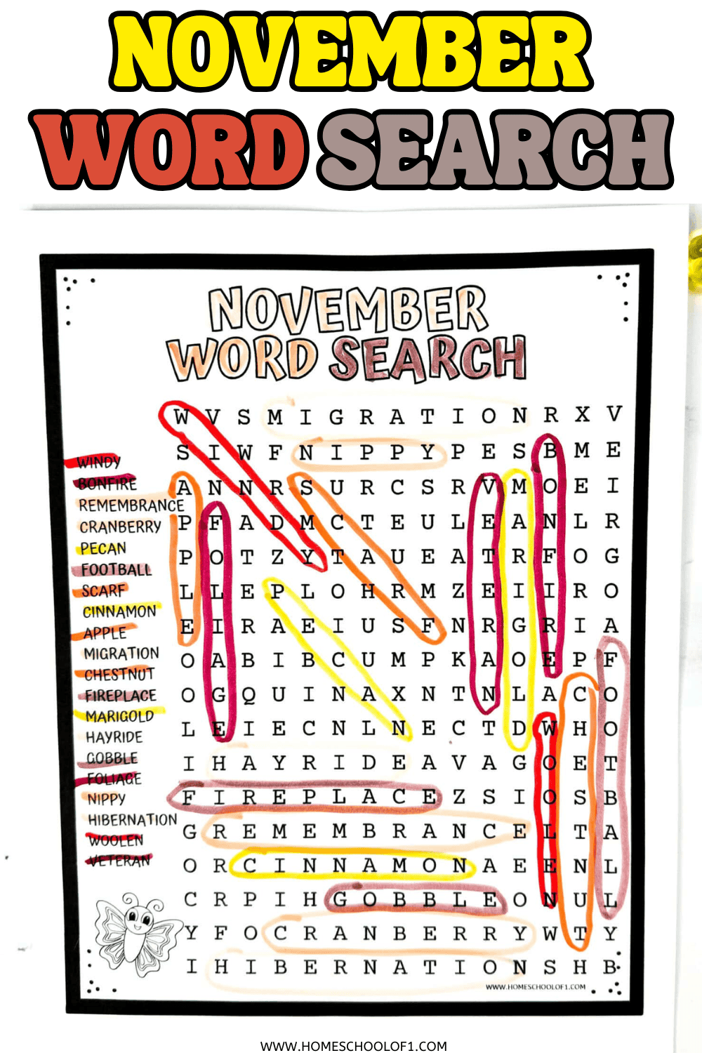 Free printable November word search featuring cozy fall words like bonfire, apple, and scarf, great for kids or classrooms.