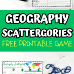 Fun and free Geography Scattergories game for kids with themed category sheets and colorful world maps, including DUNE and PORT.